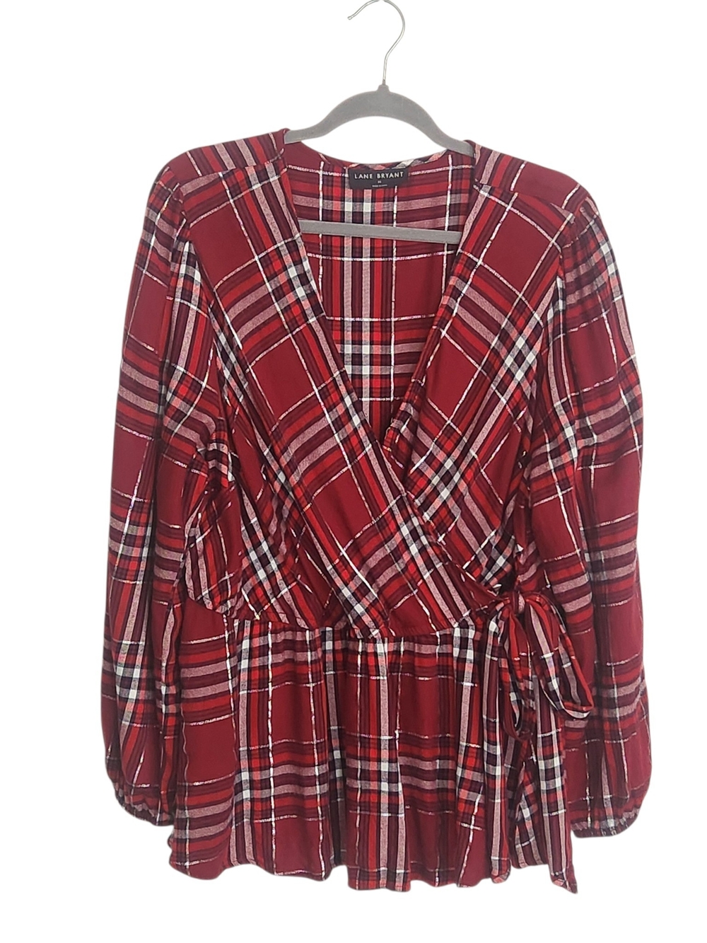 Lane Bryant Burgundy and Red Plaid Wrap Top Metallic Thread Size 20